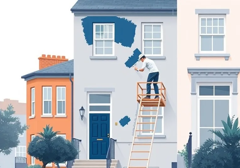 Peintre sur échafaudage traitant la façade d'une maison